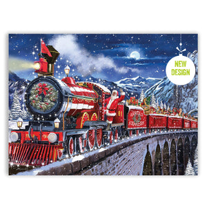 An image of a Christmas steam train on a track in a Winter scene with Santa hanging out the front carriage